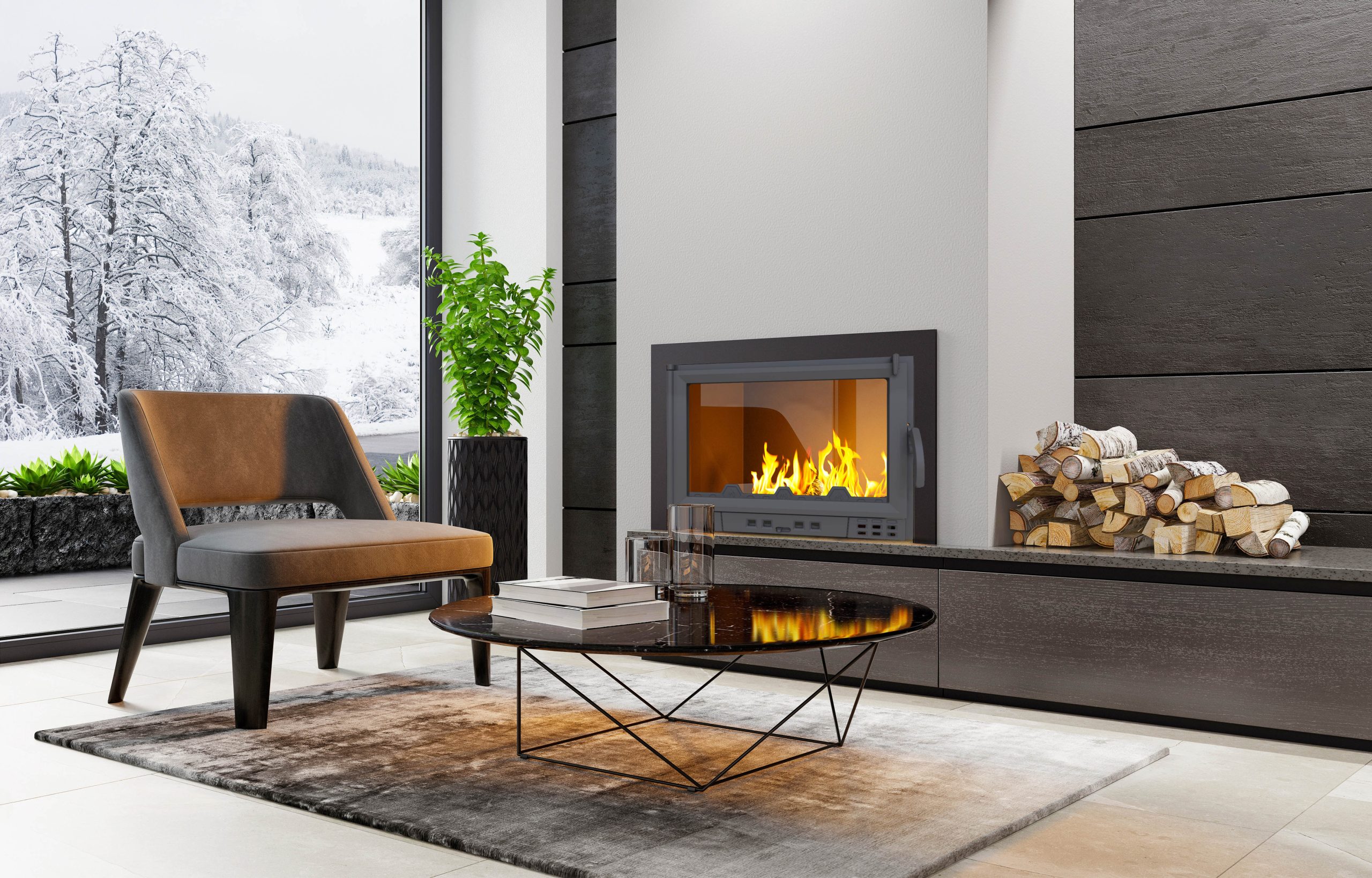 Dark Living Room Loft With Fireplace, Industrial Style